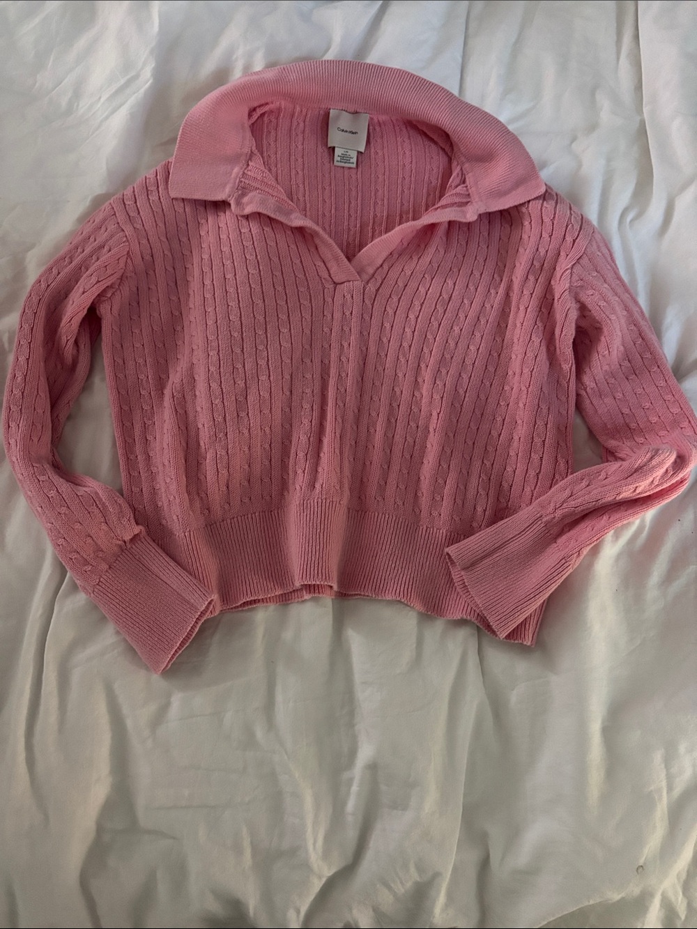 Calvin Klein Soft Pink Cable-Knit Polo Collar Sweater